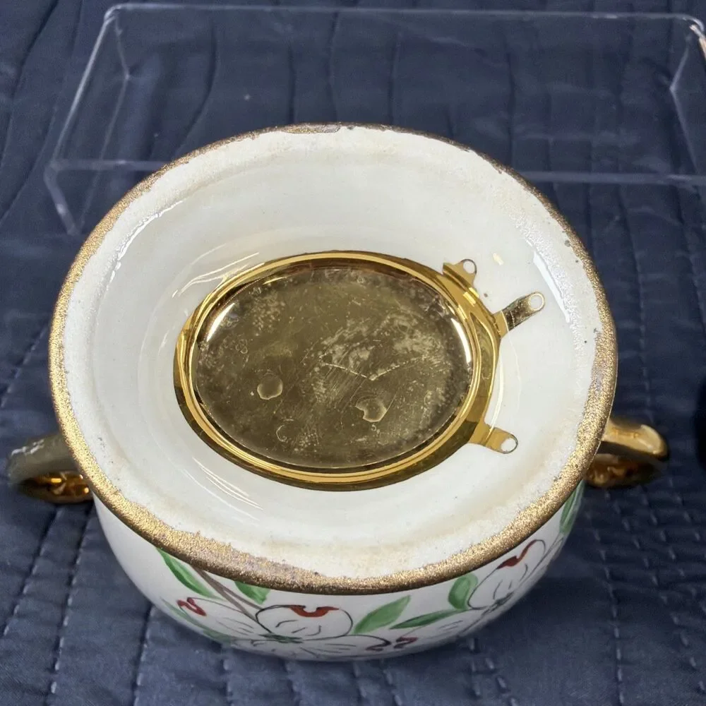 Vintage Porcelain Covered Sugar Bowl Dogwood Flowers Gold Trim Handles Lid